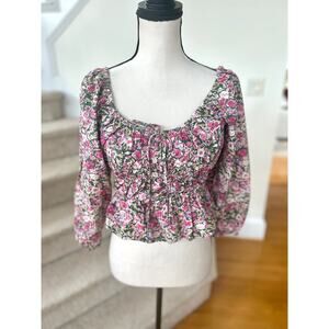 Mango Pink Cottagecore Floral Coquette Shirred Elastic Waist Puff Sleeve Blouse